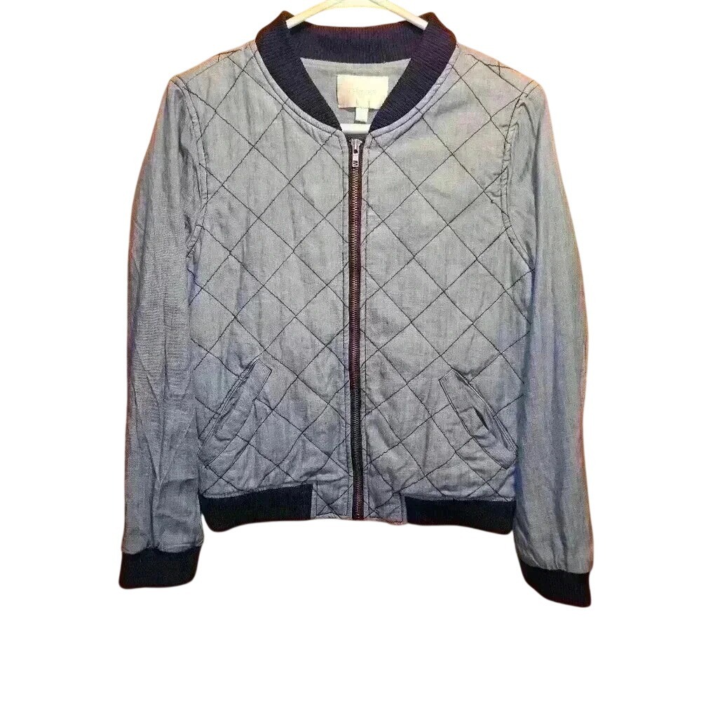 Skies Are Blue Women XS Light Blue Diamond Quilted Chambray Bomber Jacket Zip Up
